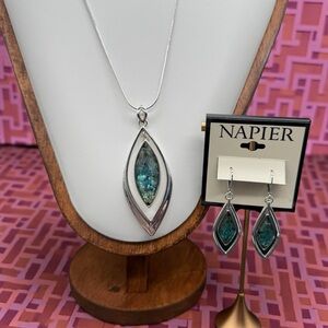 New Napier Orbital Blue Green Necklace & Earrings Set Silver Tone Signed